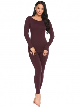 

Wine red Boat Neck Tops with Elastic Waist Pants Thermal Underwear Set, Multicolor