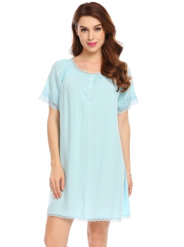 

Light blue Women Sleepwear Short Sleeve Ruched O-Neck Lace Trim Nightgown, Multicolor