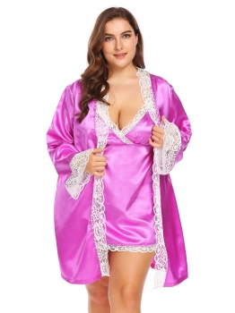 

Purple Women 2PC Set Sleepwear Long Sleeve Lace Trim Satin Chemises Slip & Kimono Robe Plus, Multicolor