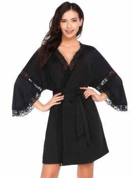 

Black 3"4 Sleeve Lace-Trimmed Sleepwear Robe with Belt, Multicolor
