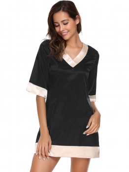 

Black 3"4 Sleeve V-Neck Patchwork Satin Sleepwear Pajamas, Multicolor