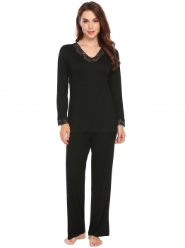 

Black Women Pj Set V-Neck Long Sleeve Lace Trim Top Elastic Waist Pant, Multicolor
