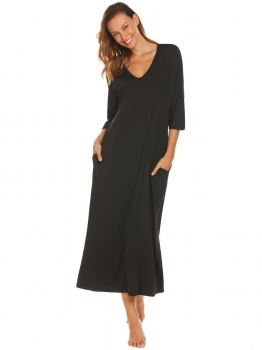 

Black Women Sleep Gown V-Neck 3"4 Sleeve Solid Loose Long Maxi Nightgown with Pocket, Multicolor