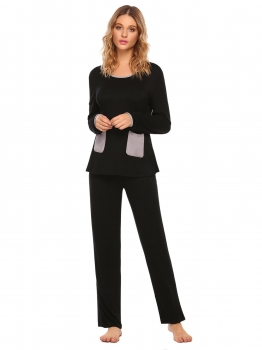 

Black Women O-Neck Long Sleeve Loose Shirts Pants Pajama Set Sleepwear, Multicolor
