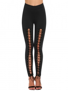 

Black High Waist Lace-up Stretchy Yoga Workout Leggings, Multicolor