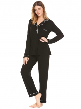 

Black Long Sleeve Button-Down Shirt and Pants Women Pajamas Set, Multicolor