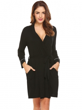 

Black Women 3"4 Sleeve Kimono Style Belted Short Robe Sleepwear, Multicolor