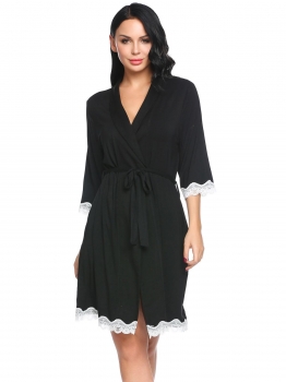 

Black Women Shawl Collar 3"4 Sleeve Belted Short Robe Sleepwear, Multicolor