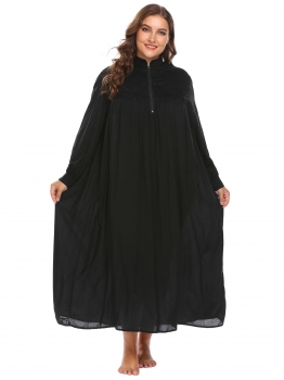 

Black Women Stand Neck Long Sleeve Lace Patchwork Loose Gown Nightgown Plus, Multicolor
