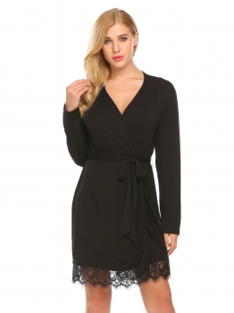 

Black Women Lace-trimmed Long Sleeve Sleepwear Robe with Belt, Multicolor
