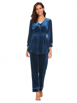 

Peacock Blue Women Casual V Neck Long Sleeve Solid Elastic Waist Velvet Pajamas Sets Suit, Multicolor