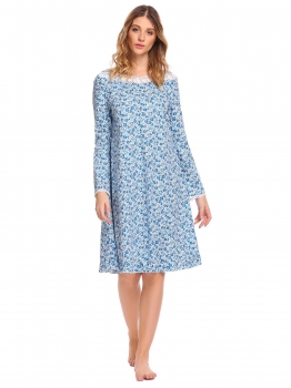 

Pattern 1 Irregular Collar Long Sleeve A-Line Ruffle Hem Lace Prints Sleepwear Dress, Multicolor