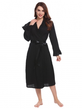 

Black Women Long Trumpet Sleeve Lace-trimmed Nighties Sleepwear Robe with Belt, Multicolor