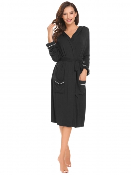 

Black Women Soft Hooded Robe Long Sleeve Open Front Bathrobe Sleepwear w" Belt, Multicolor