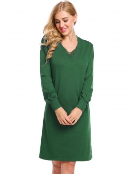 

Green Women Long Sleeve V-Neck Lace-Trimmed Thick Loose Dress, Multicolor