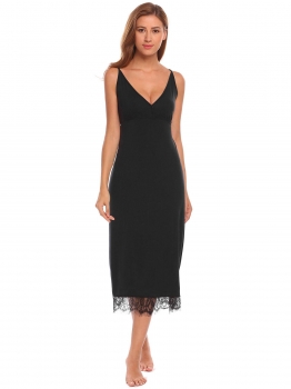 

Black Spaghetti Strap V-Neck Lace Patchwork Chemise Nightdress Sleepwear, Multicolor