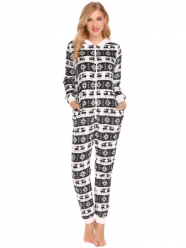 

Black Women Soft Hooded Long Sleeve Zip Christmas Print Plush One-Piece Pajamas Sleepwear, Multicolor