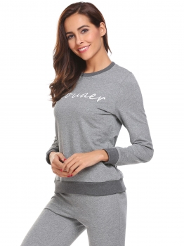 

Grey Women Sleepwear Set Long Sleeve Letter Print Patchwork Pajama with Pant, Multicolor