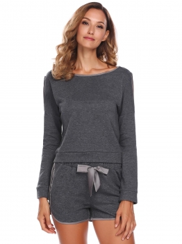 

Gray Women V-Neck Long Sleeve Cold Shoulder Elastic Waist Shorts Sleepwear, Multicolor