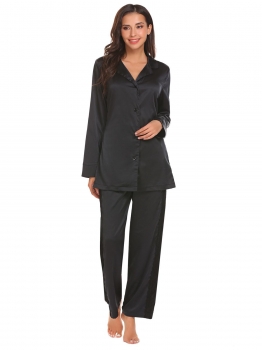

Black Women Solid Tops Lace-trimmed Pants V-Neck Long Sleeve Sleepwear Pajama Sets, Multicolor