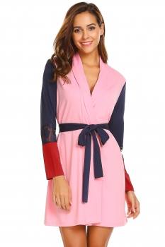 

Pink Women Long Sleeve Patchwork Lace Contrast Color Robe with Belt, Multicolor
