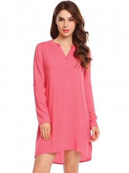 

Pink Women Adjustable Long Sleeve V-Neck Solid Button Nighties Sleepwear Dress, Multicolor