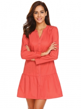 

Pink Women V-Neck Long Sleeve Solid Button Nighties Sleepwear Shirt Dress, Multicolor