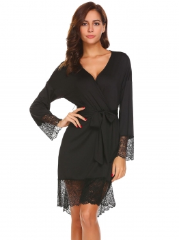 

Black Women Long Sleeve Lace-trimmed Sleepwear Robe with Belt, Multicolor