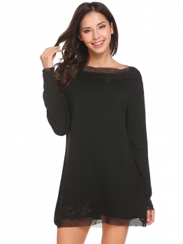 

Black Women Slash Neck Embroidery Mesh-Trimmed Long Sleeve Nighties Sleepwear, Multicolor