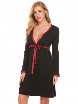 

Black Women Satin-Trimmed V-Neck Nighties Long Sleeve Robe, Multicolor