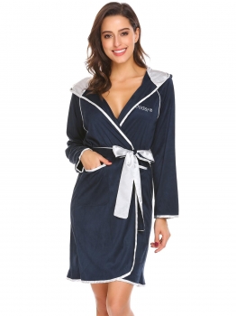 

Dark blue Women Casual Hooded Long Sleeve Patchwork Pocket Bathrobe with Belt, Multicolor