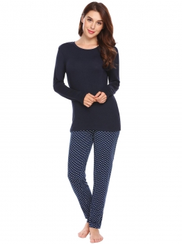 

Navy blue Women Sleepwear Long Sleeve Sleep Shirt Dot Pj Pant Lounge Pajama Set, Multicolor
