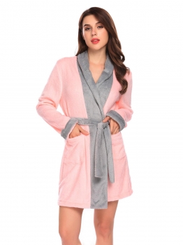 

Rose red Women Wrap Split Open Front Long Sleeve Patchwork Velvet Sleep Robe With Belt, Multicolor
