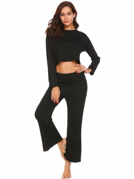 

Black Women O-Neck Long Sleeve Crop Tops Elastic Waist Pants Sets, Multicolor