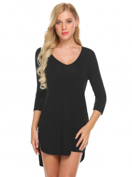 

Black Women V-Neck Sleepwear 3"4 Sleeve T-Shirt Sleep Dress Loose Button Nightgown, Multicolor