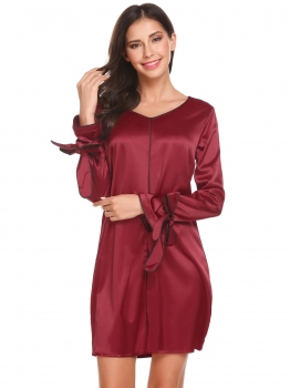 

Red Women V-Neck Nighties Sleepwear Dress with Belt Contrast Color Long Sleeve, Multicolor