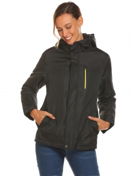 

Black Women Hooded Neck Long Sleeve Front Zipper Up Solid Jacket Coat With Pocket, Multicolor