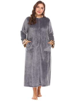 

Gray Women Soft Warm Stand Collar Leopard Trim Half Zip Plush Fleece Gown Plus Size, Multicolor