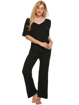 

Black Women Solid V-Neck Short Sleeve Tops with Elastic Waist Long Pants Pajamas Sets, Multicolor
