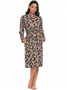 

Black Long Sleeve Floral Sleepwear Loungewear Robe with Belt, Multicolor