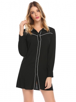 

Black Women Patchwork Long Sleeve Button Nighties Mini Sleepwear Shirt Dress, Multicolor