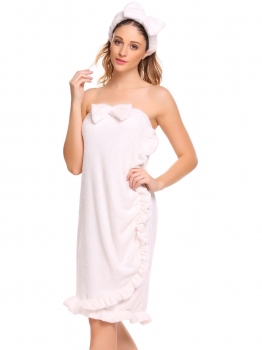 

White Women Strapless Fleece Sleepwear Wrap Robe Bathrobe, Multicolor