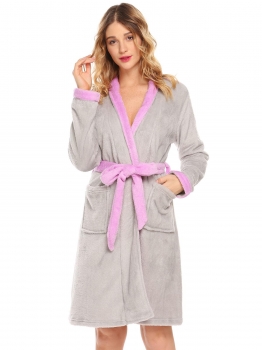 

Grey Women Bathrobe Long Sleeve Hooded Patchwork Belted Plush Fleece Kimono Robe, Multicolor