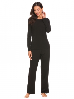 

Black Women V Neck Long Sleeve Lace Patchwork Blouse With Pant Pajamas Set, Multicolor