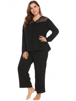 

Black V-Neck Long Sleeve Lace Patchwork Women Sleepwear Pajama Set Plus, Multicolor