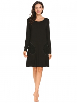 

Black Women O-Neck Long Sleeve Lace Patchwork Loose Nighties Sleepwear Dress, Multicolor