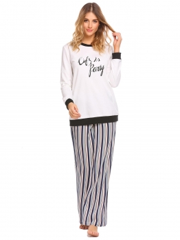 

White Round Neck Long Sleeve Patchwork Sweatshirt Striped Pants Pajamas Set, Multicolor
