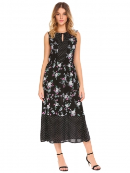 

Black V-Neck Sleeveless Floral Long Dress, Multicolor
