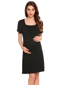 

Black Women Soft Short Sleeve V-Neck Solid Nightgown Pregnant Woman Sleepwear Dress, Multicolor