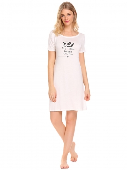 

White Women Round Neck Short Sleeve Letter Print Nightshirt Nightgown Lounge Dress Sleepwear, Multicolor